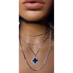 Silver Rhinestone Clover Necklace Tennis Chain Lucky Charm Mothers Day Gift
